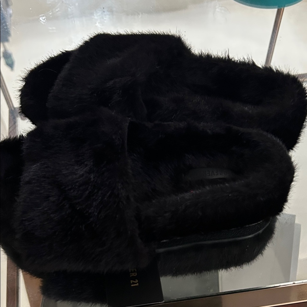 Forever 21 Black Faux Fur Slippers
